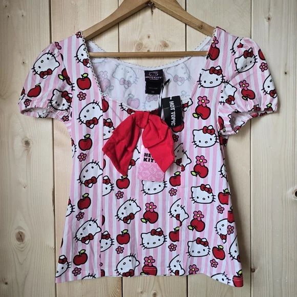 Hello Kitty Sanrio Hot Topic Apples Flowers Bow Blouse Womens Small/Medium - Picture 1 of 13